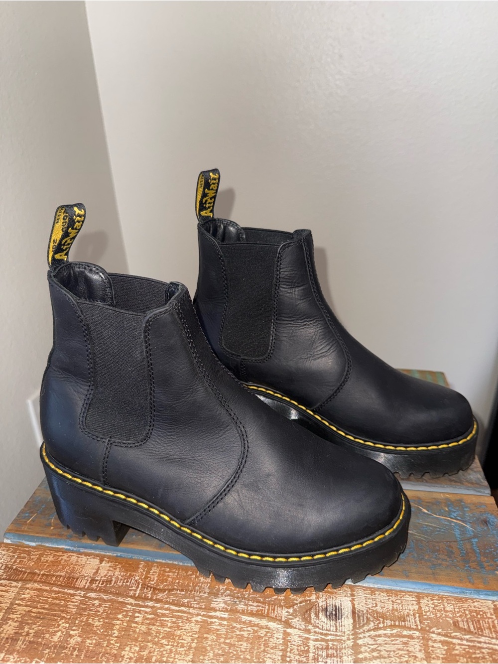 Dr. Martens Black Leather Chelsea Heeled Boots with Yellow Stitching